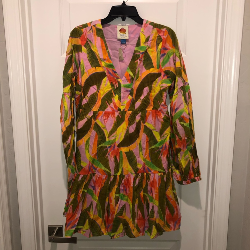 New Farm Rio x Anthropologie Printed V Neck Long Sleeve Mini Dress sz S